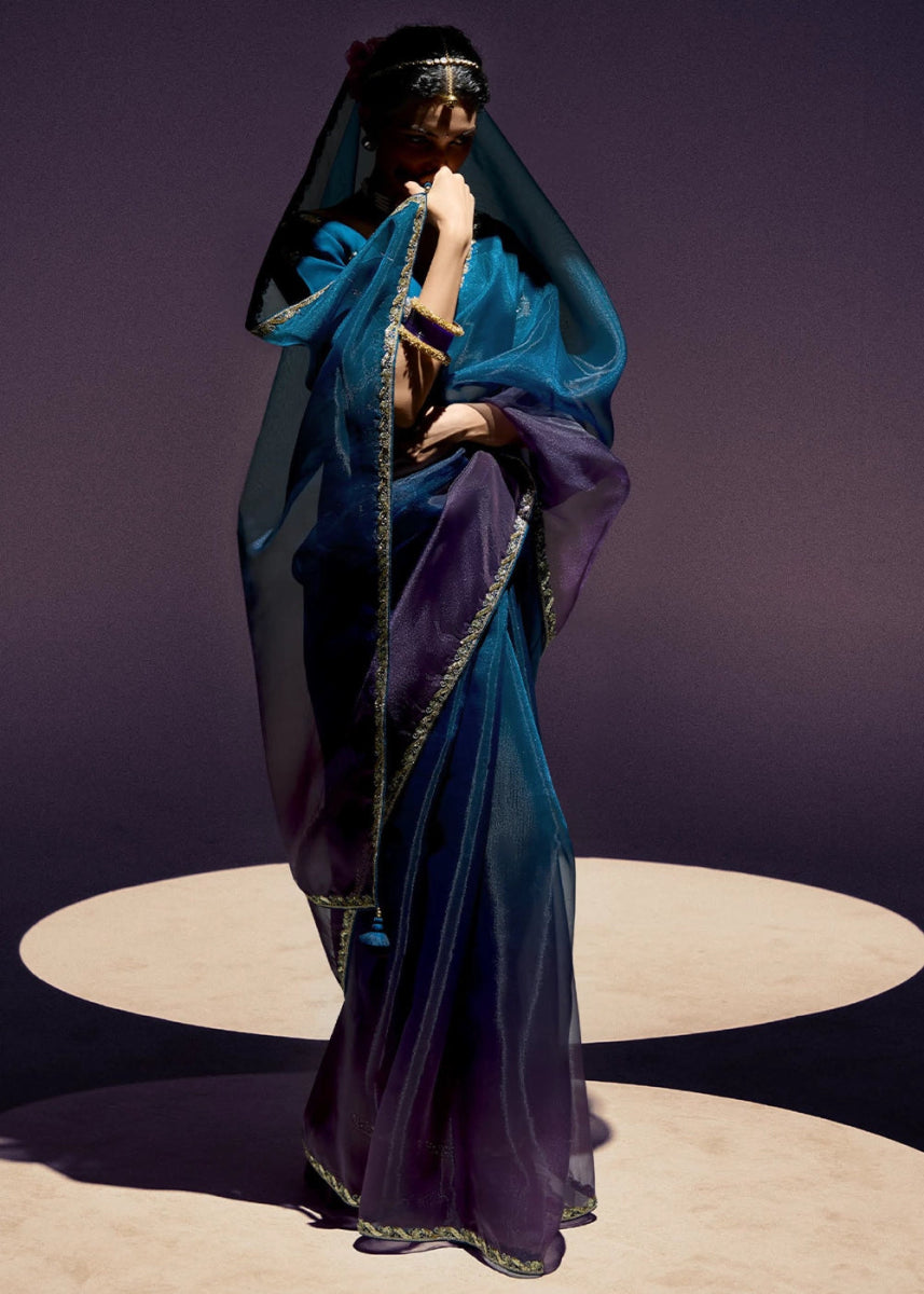 Dual Shade Blue & Purple Organza Tissue Saree Paired with Embroidered Blouse - House of Sarvati LLC