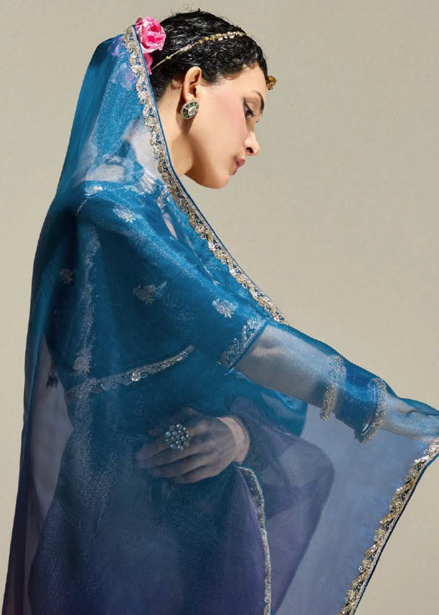 Dual Shade Blue & Purple Organza Tissue Saree Paired with Embroidered Blouse - House of Sarvati LLC