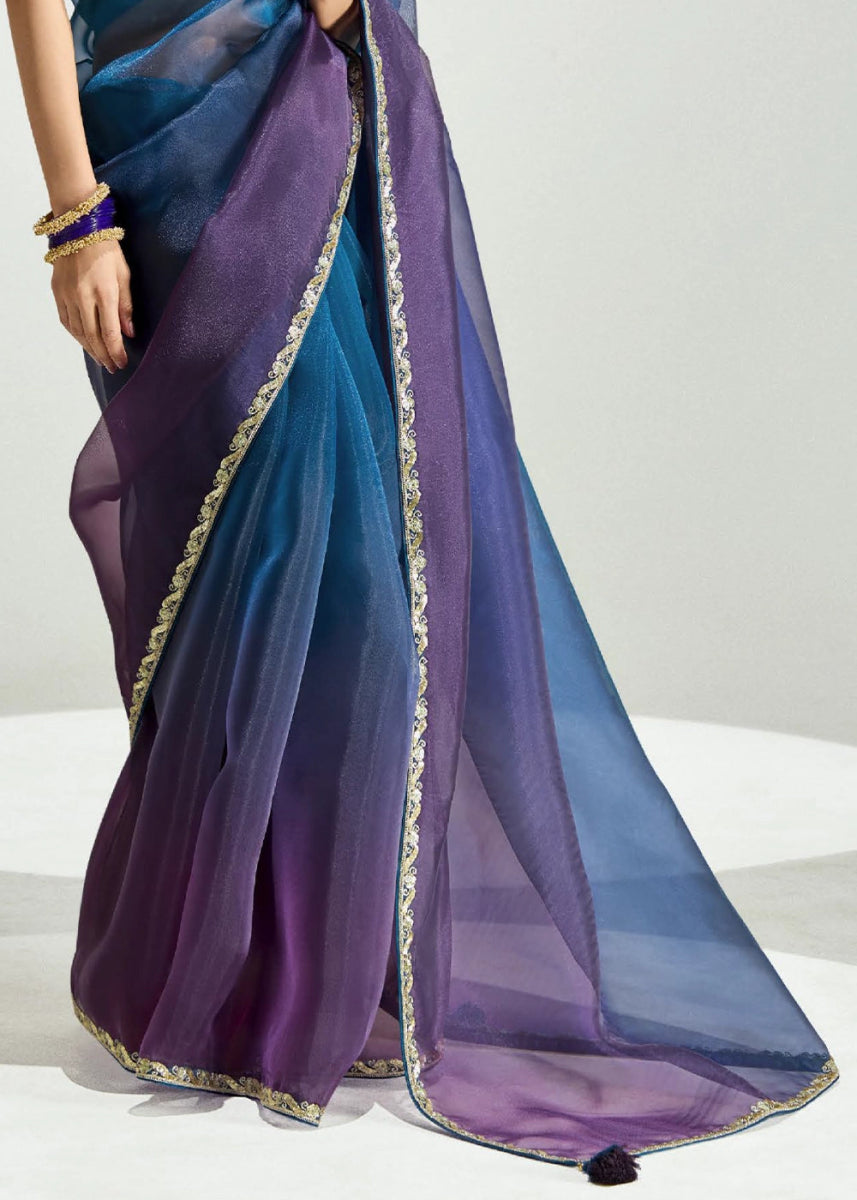 Dual Shade Blue & Purple Organza Tissue Saree Paired with Embroidered Blouse - House of Sarvati LLC
