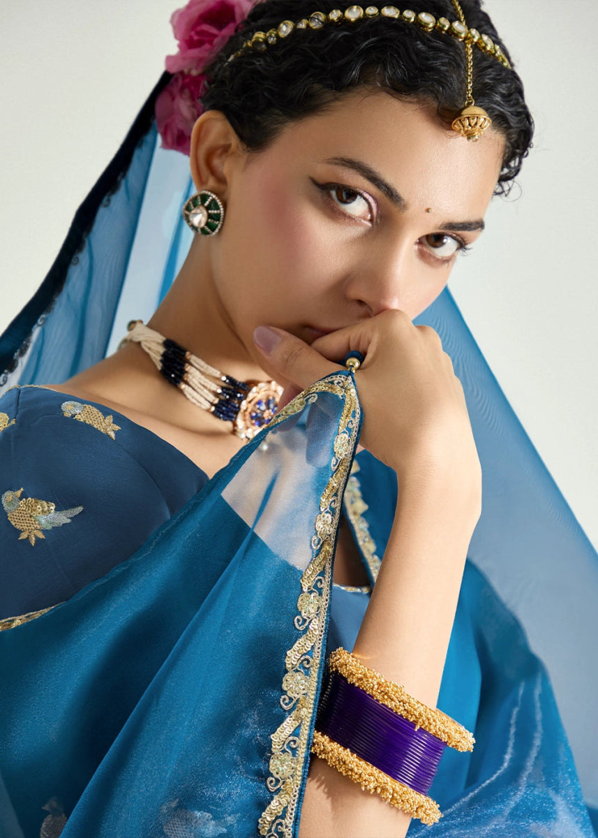 Dual Shade Blue & Purple Organza Tissue Saree Paired with Embroidered Blouse - House of Sarvati LLC
