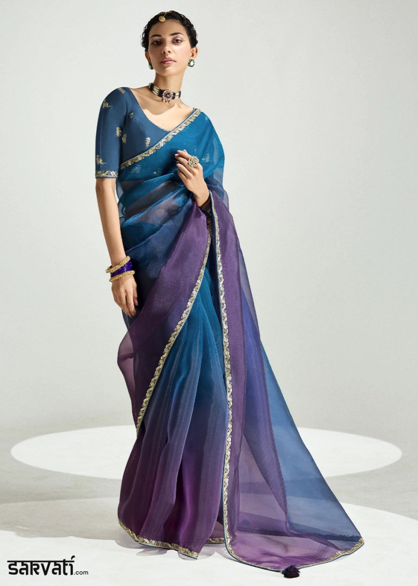 Dual Shade Blue & Purple Organza Tissue Saree Paired with Embroidered Blouse - House of Sarvati LLC