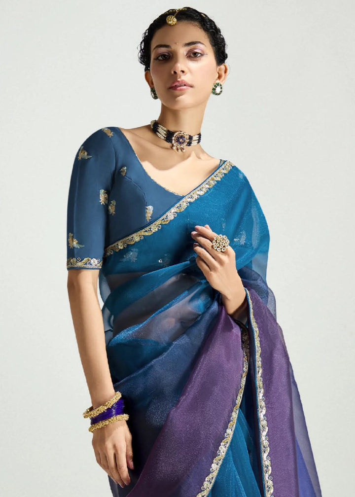 Dual Shade Blue & Purple Organza Tissue Saree Paired with Embroidered Blouse - House of Sarvati LLC