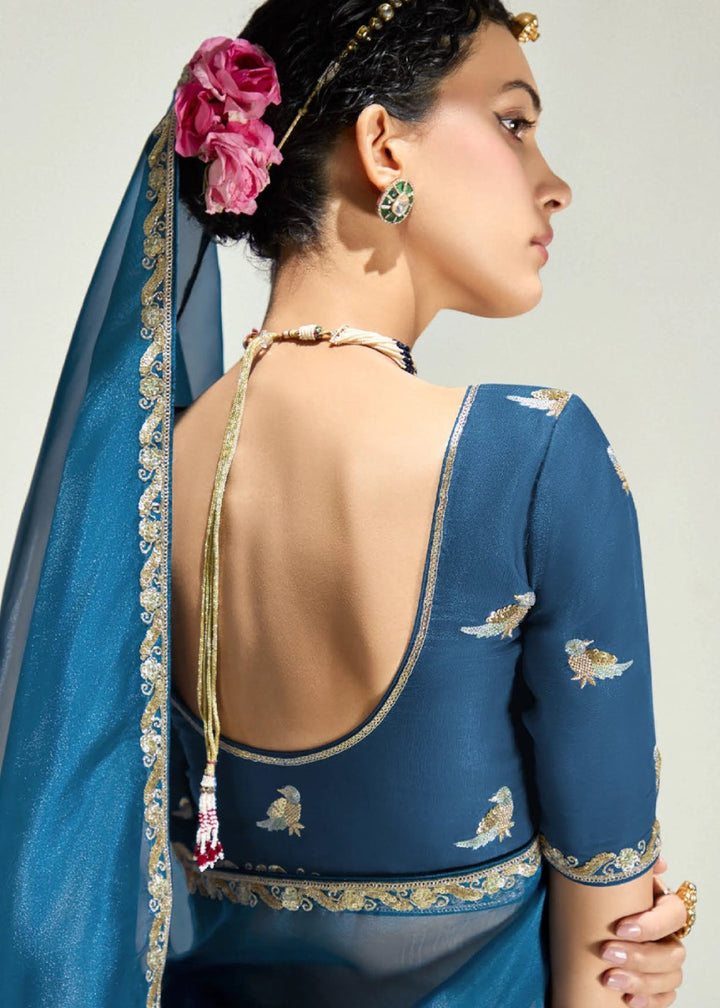Dual Shade Blue & Purple Organza Tissue Saree Paired with Embroidered Blouse - House of Sarvati LLC