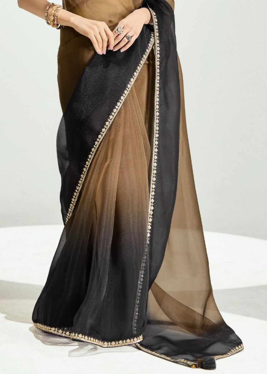 Dual Shade Brown & Black Organza Tissue Saree Paired with Embroidered Blouse - House of Sarvati LLC