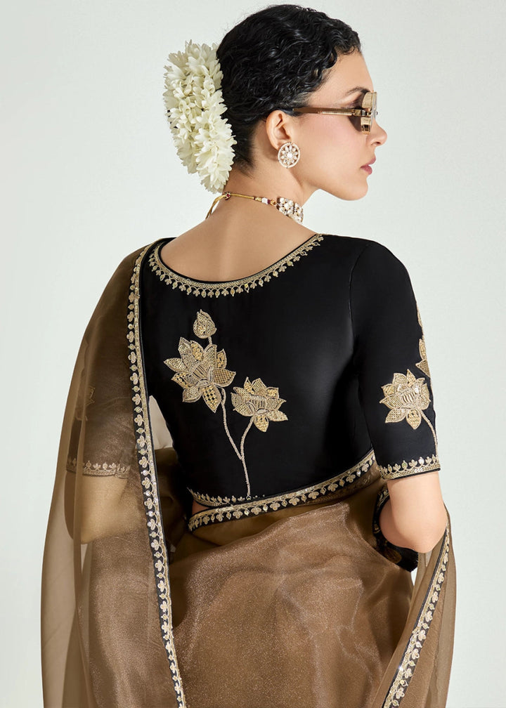 Dual Shade Brown & Black Organza Tissue Saree Paired with Embroidered Blouse - House of Sarvati LLC