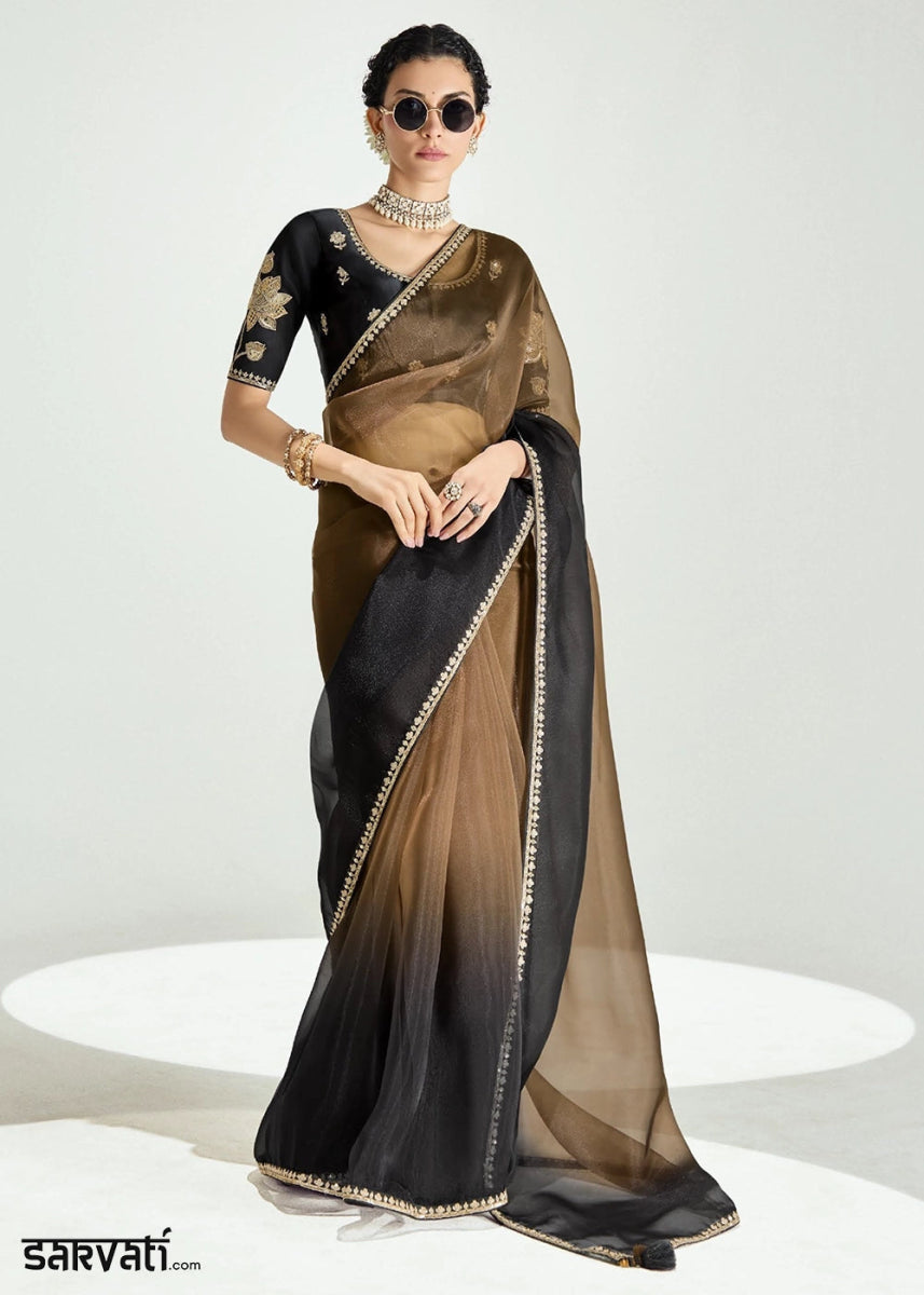 Dual Shade Brown & Black Organza Tissue Saree Paired with Embroidered Blouse - House of Sarvati LLC