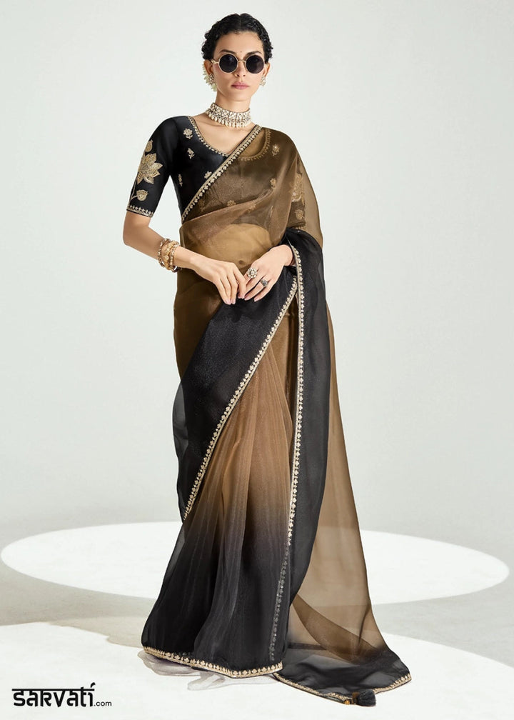 Dual Shade Brown & Black Organza Tissue Saree Paired with Embroidered Blouse - House of Sarvati LLC