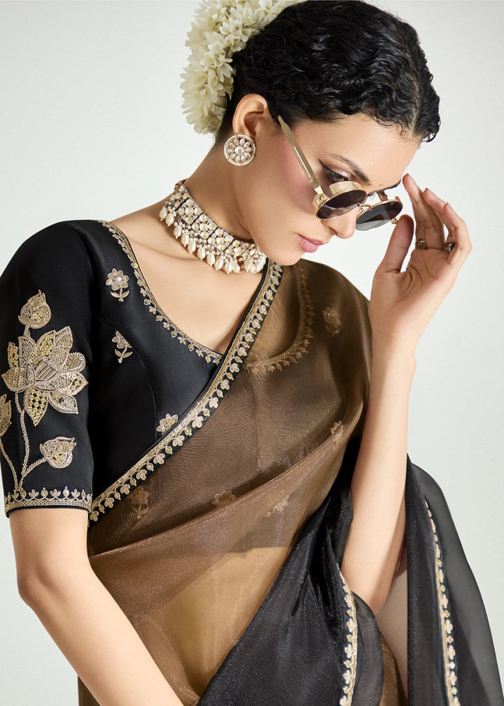 Dual Shade Brown & Black Organza Tissue Saree Paired with Embroidered Blouse - House of Sarvati LLC