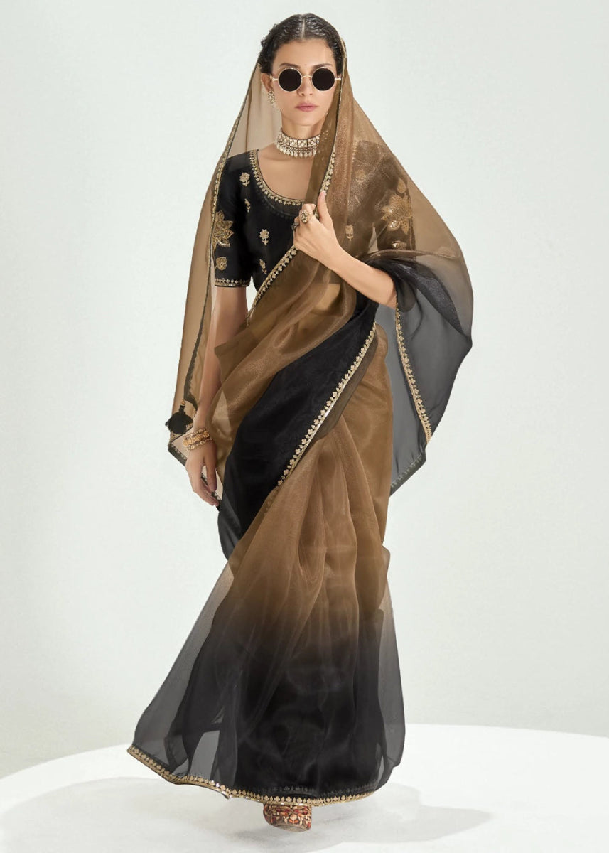 Dual Shade Brown & Black Organza Tissue Saree Paired with Embroidered Blouse - House of Sarvati LLC