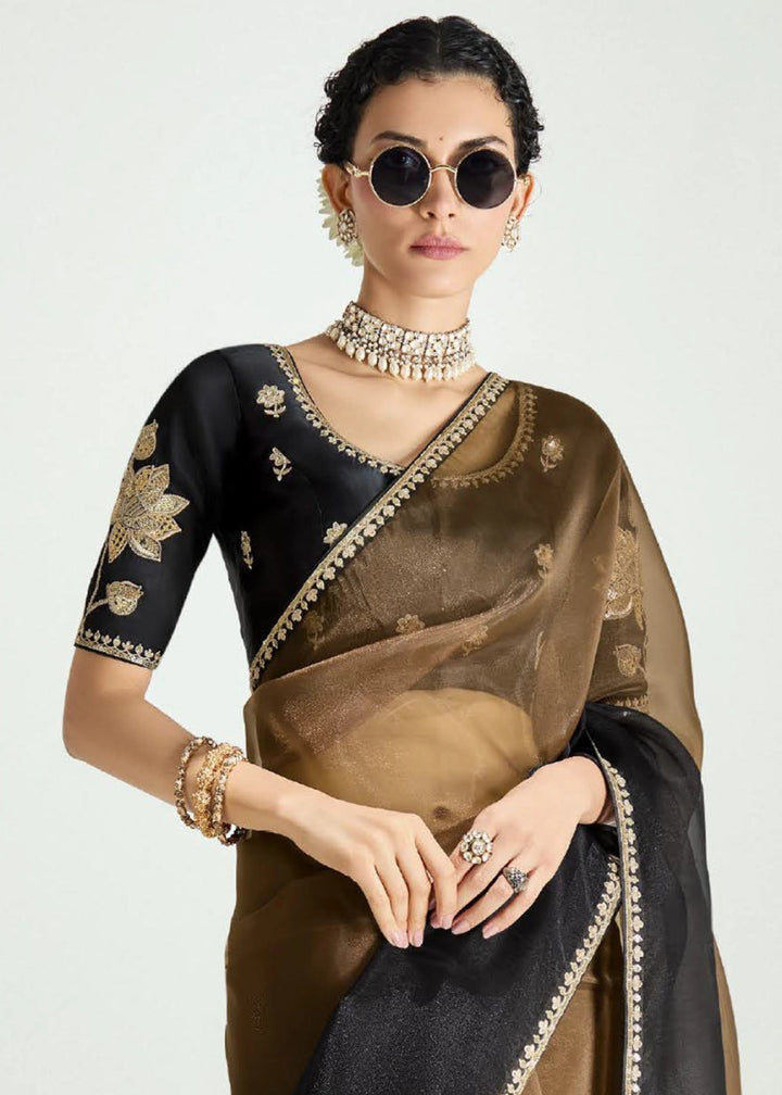 Dual Shade Brown & Black Organza Tissue Saree Paired with Embroidered Blouse - House of Sarvati LLC