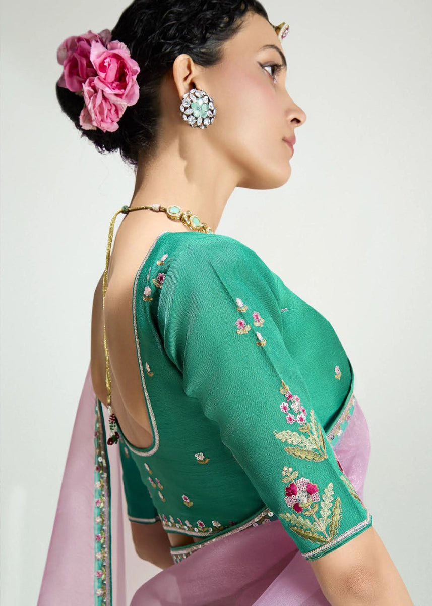Dual Shade Green & Pink Organza Tissue Saree Paired with Embroidered Blouse - House of Sarvati LLC