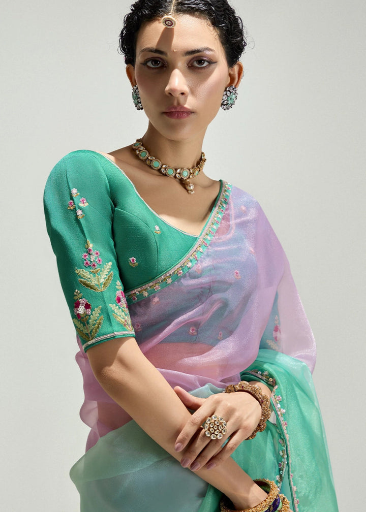Dual Shade Green & Pink Organza Tissue Saree Paired with Embroidered Blouse - House of Sarvati LLC