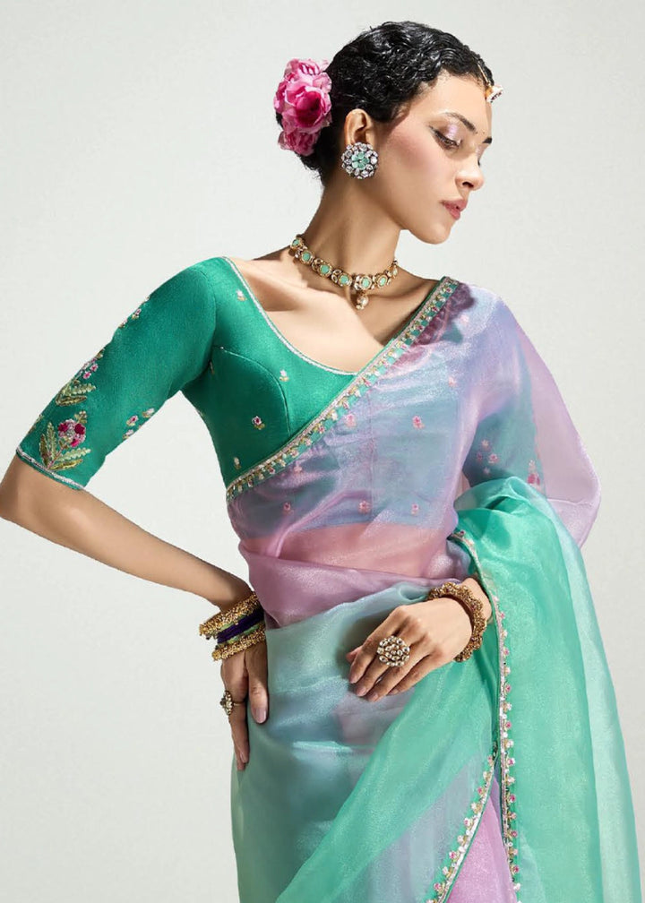 Dual Shade Green & Pink Organza Tissue Saree Paired with Embroidered Blouse - House of Sarvati LLC