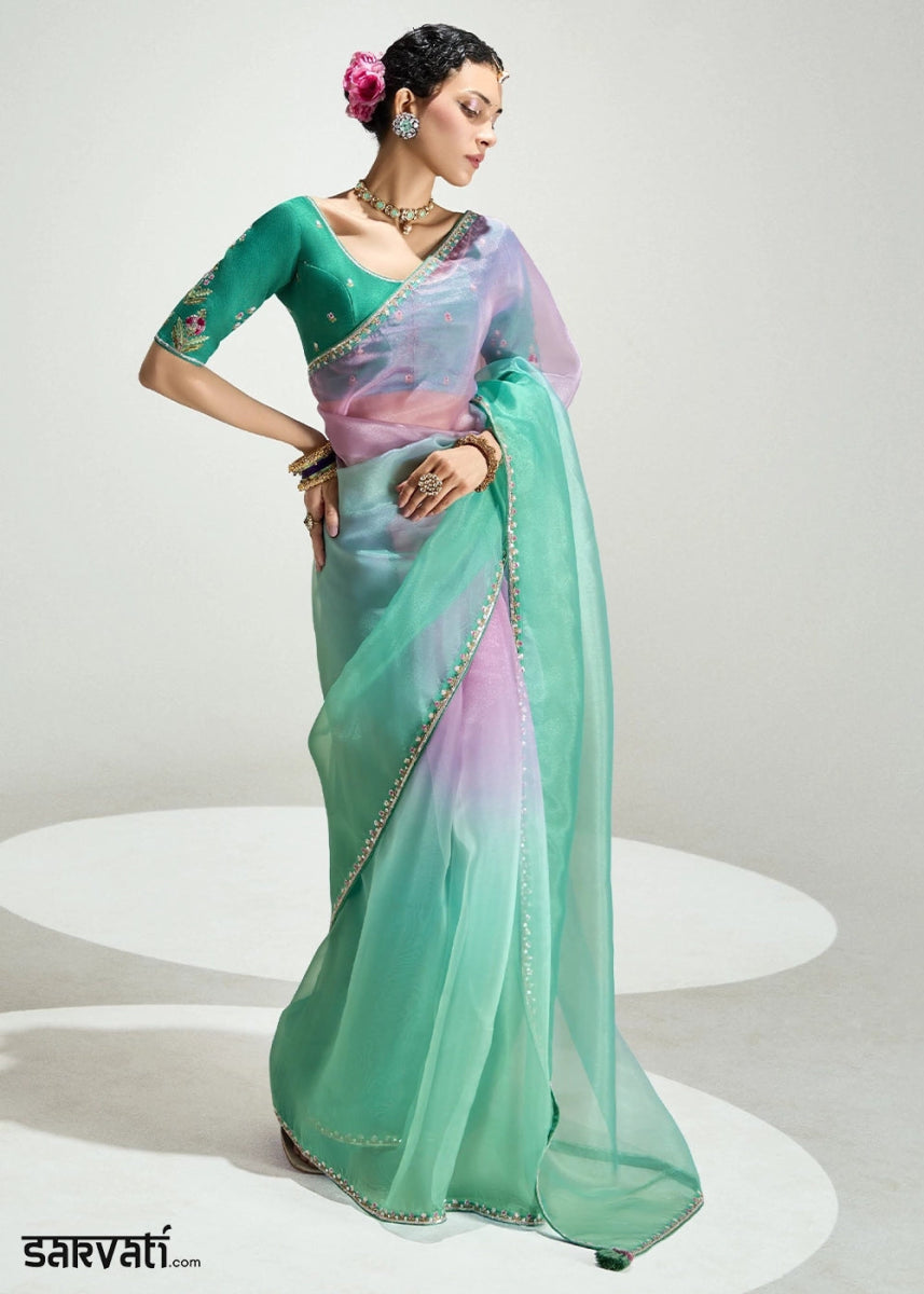 Dual Shade Green & Pink Organza Tissue Saree Paired with Embroidered Blouse - House of Sarvati LLC