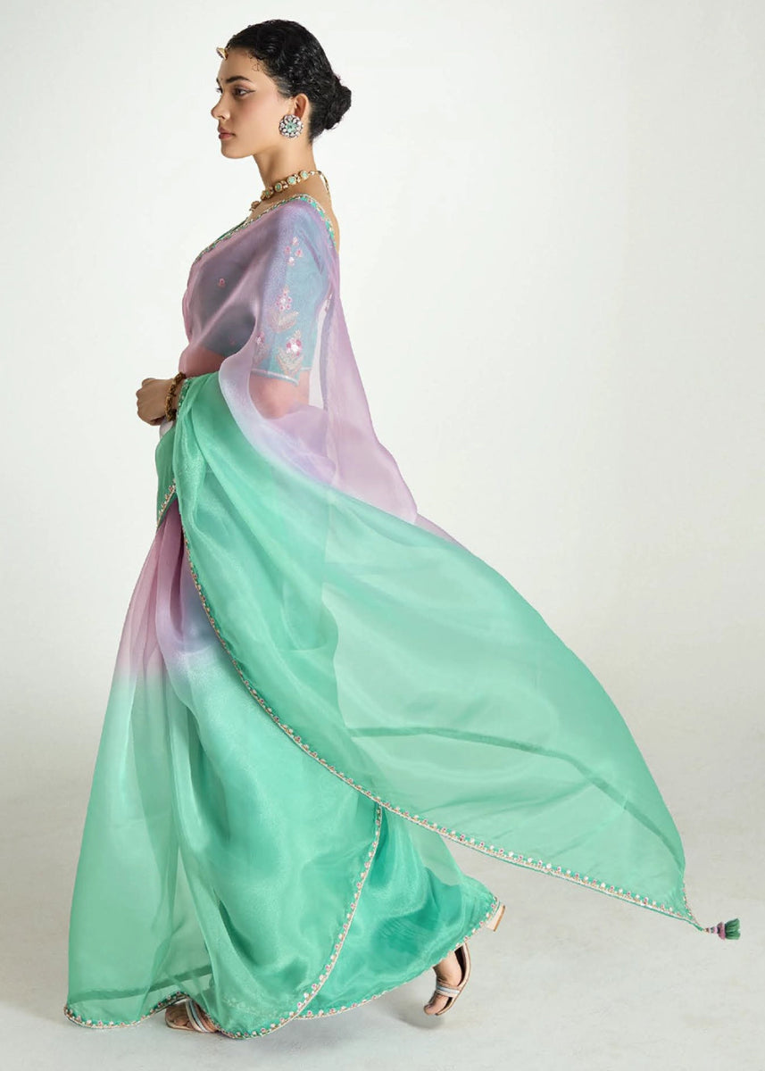 Dual Shade Green & Pink Organza Tissue Saree Paired with Embroidered Blouse - House of Sarvati LLC