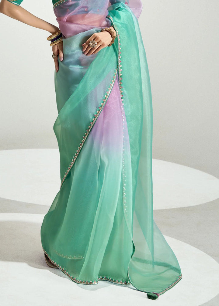 Dual Shade Green & Pink Organza Tissue Saree Paired with Embroidered Blouse - House of Sarvati LLC