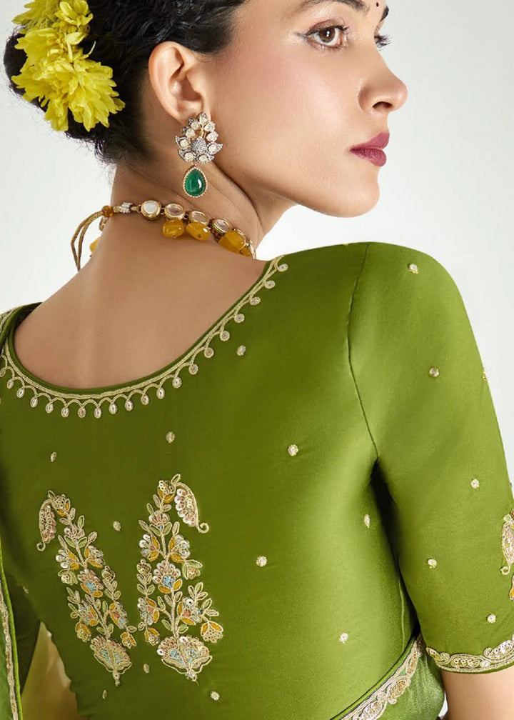 Dual Shade Green & Yellow Organza Tissue Saree Paired with Embroidered Blouse - House of Sarvati LLC