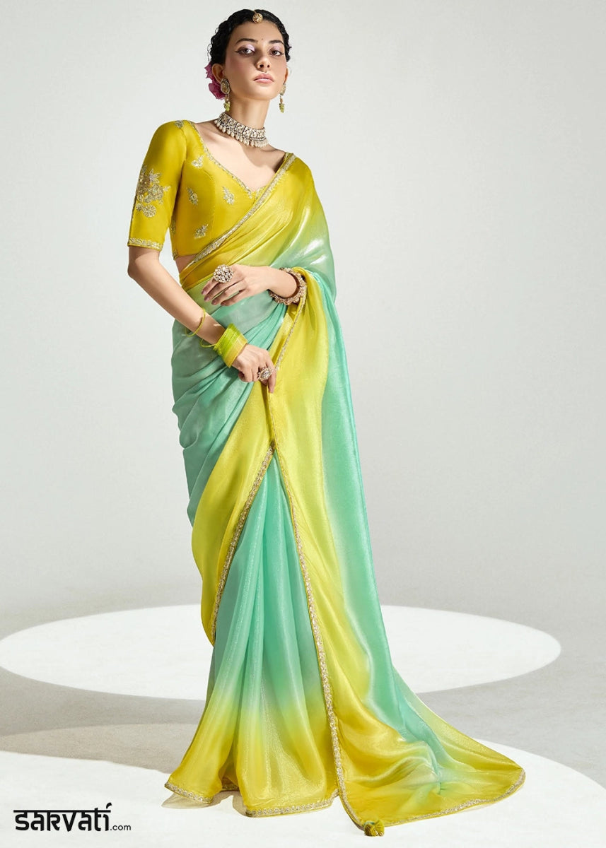 Dual Shade Green & Yellow Organza Tissue Saree Paired with Embroidered Blouse - House of Sarvati LLC