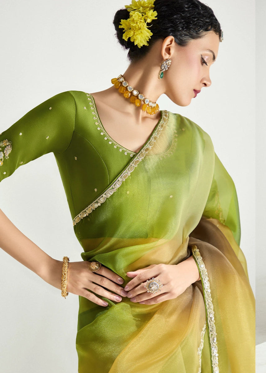 Dual Shade Green & Yellow Organza Tissue Saree Paired with Embroidered Blouse - House of Sarvati LLC