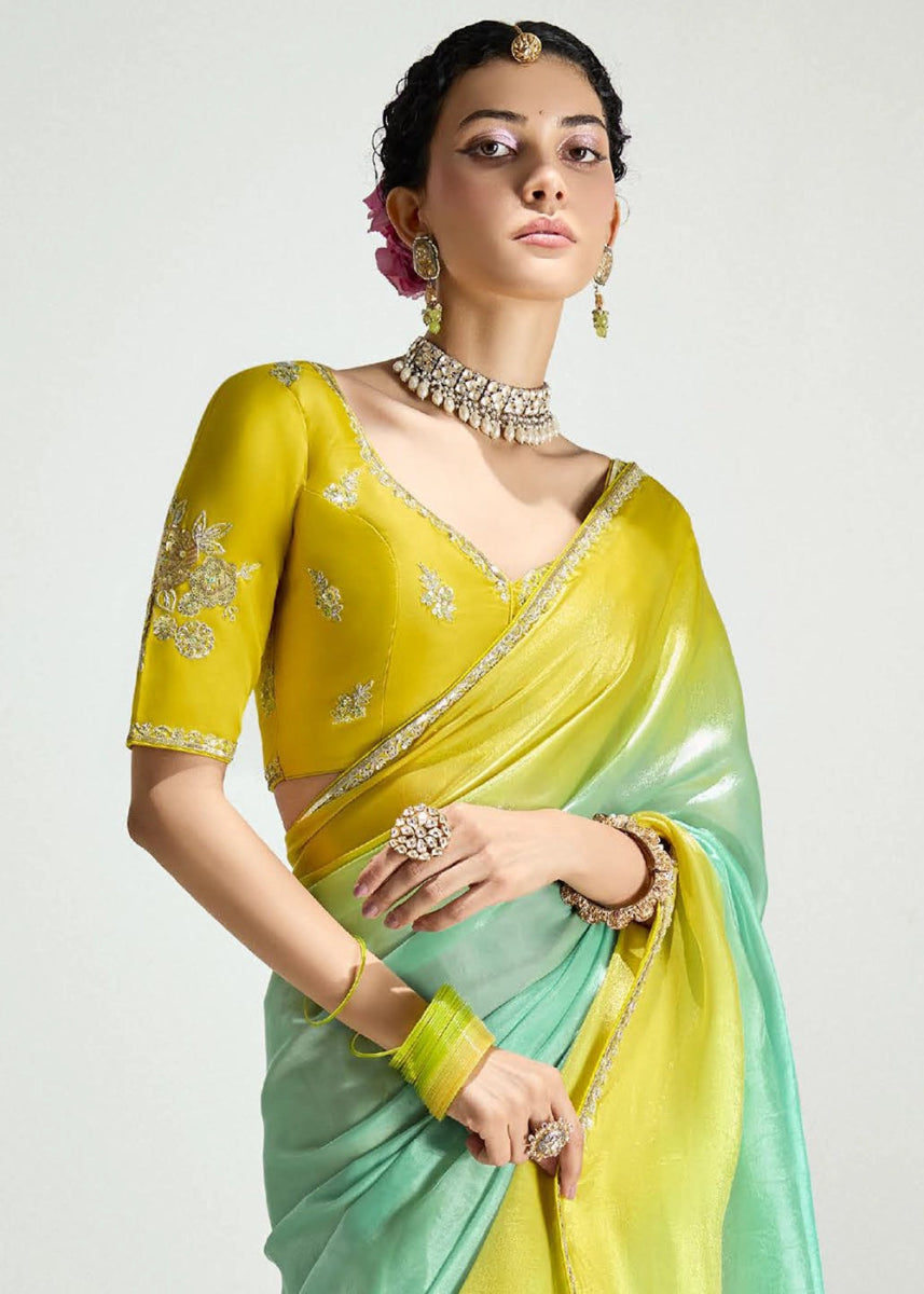 Dual Shade Green & Yellow Organza Tissue Saree Paired with Embroidered Blouse - House of Sarvati LLC