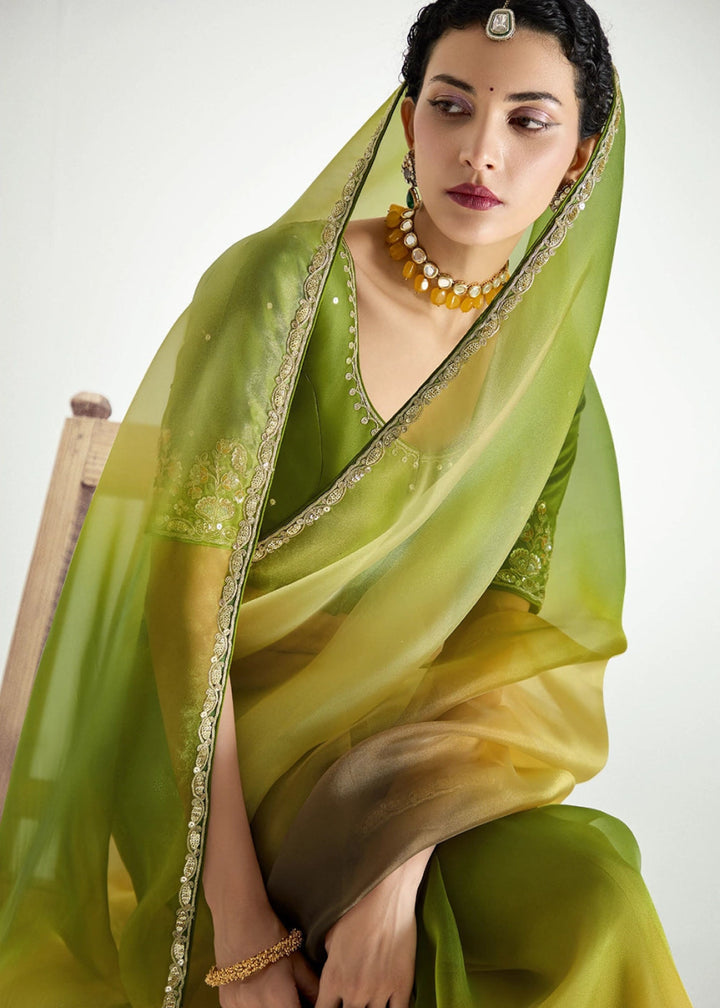 Dual Shade Green & Yellow Organza Tissue Saree Paired with Embroidered Blouse - House of Sarvati LLC