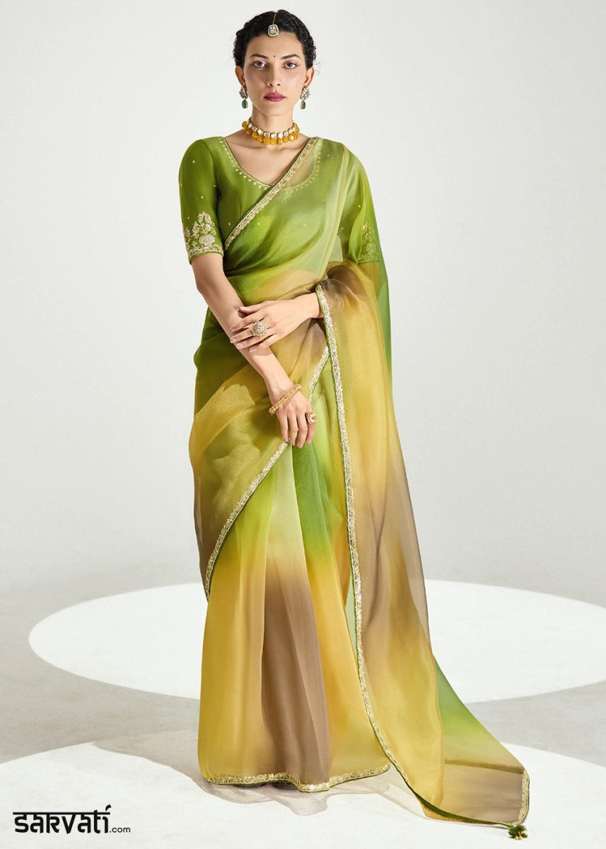 Dual Shade Green & Yellow Organza Tissue Saree Paired with Embroidered Blouse - House of Sarvati LLC