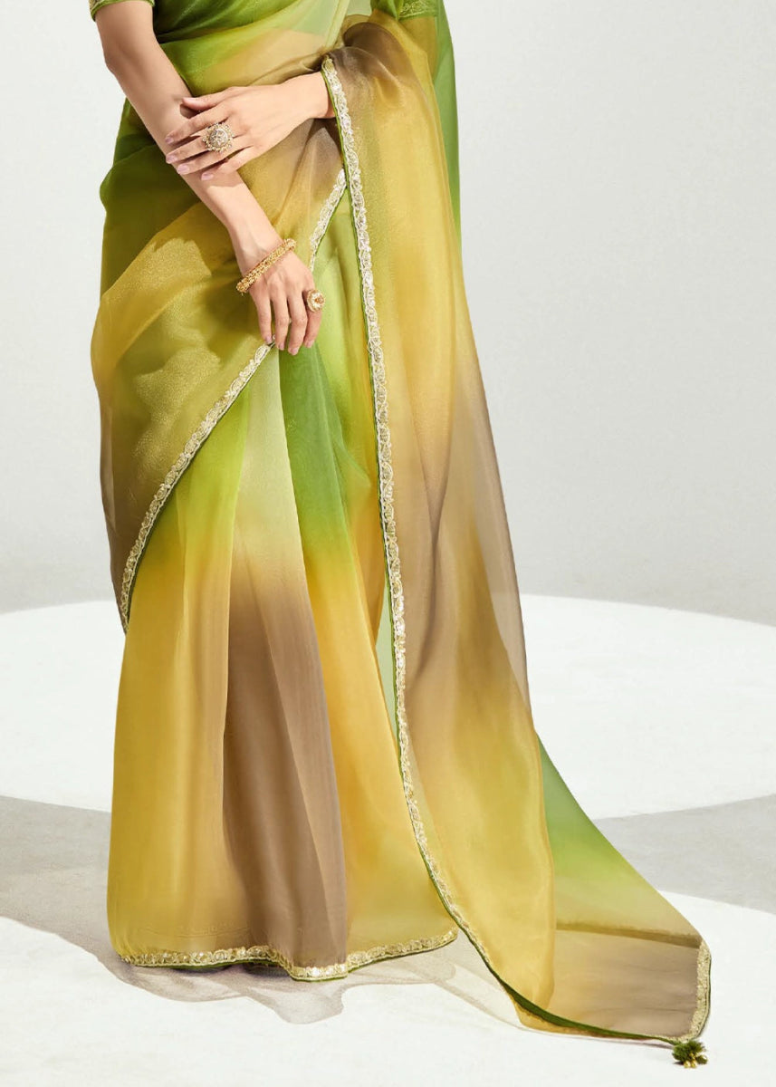 Dual Shade Green & Yellow Organza Tissue Saree Paired with Embroidered Blouse - House of Sarvati LLC