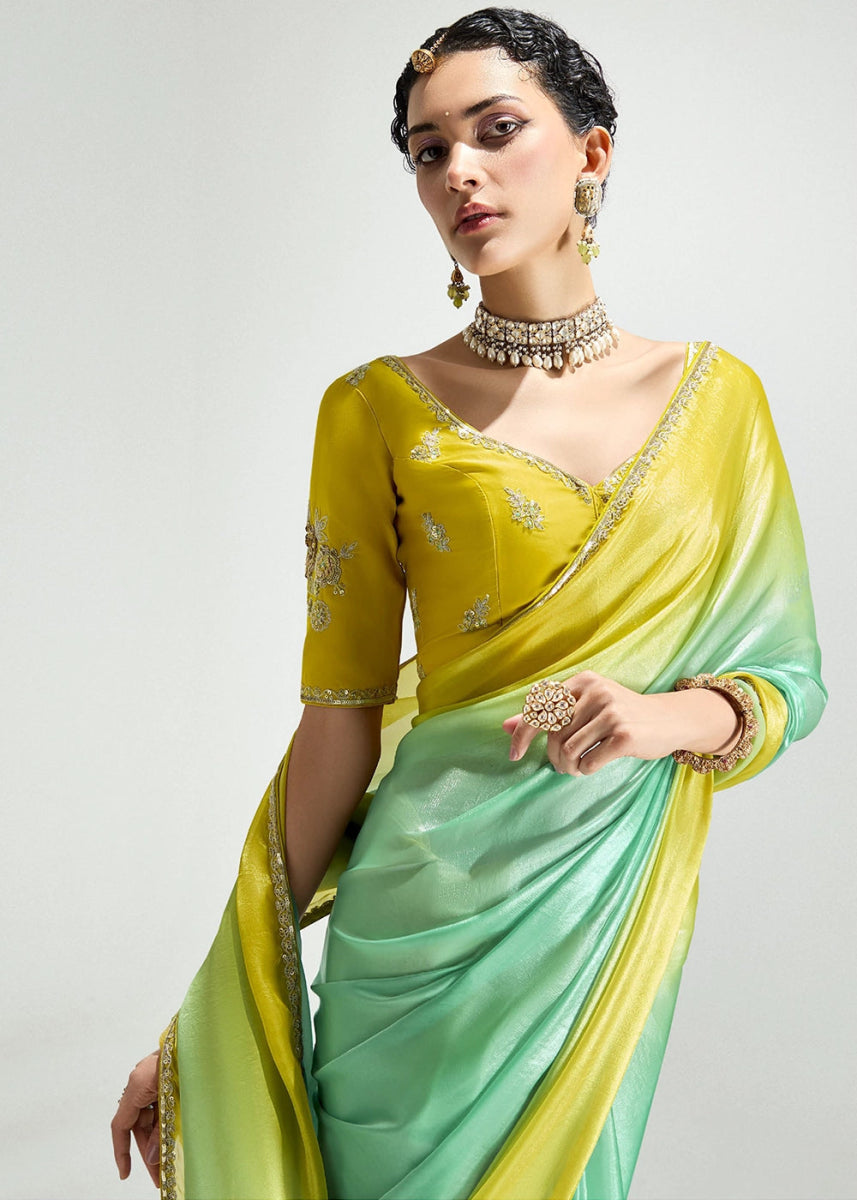 Dual Shade Green & Yellow Organza Tissue Saree Paired with Embroidered Blouse - House of Sarvati LLC