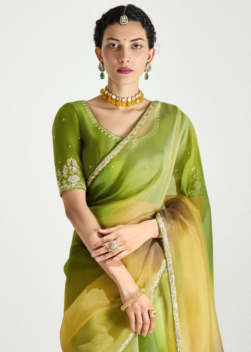 Dual Shade Green & Yellow Organza Tissue Saree Paired with Embroidered Blouse - House of Sarvati LLC