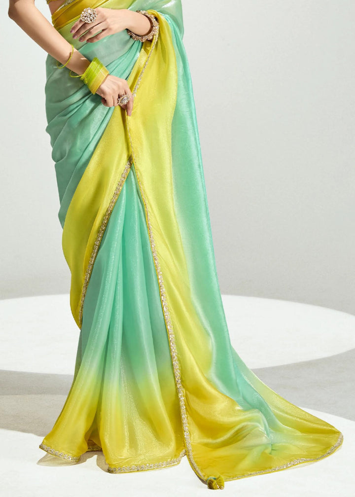 Dual Shade Green & Yellow Organza Tissue Saree Paired with Embroidered Blouse - House of Sarvati LLC