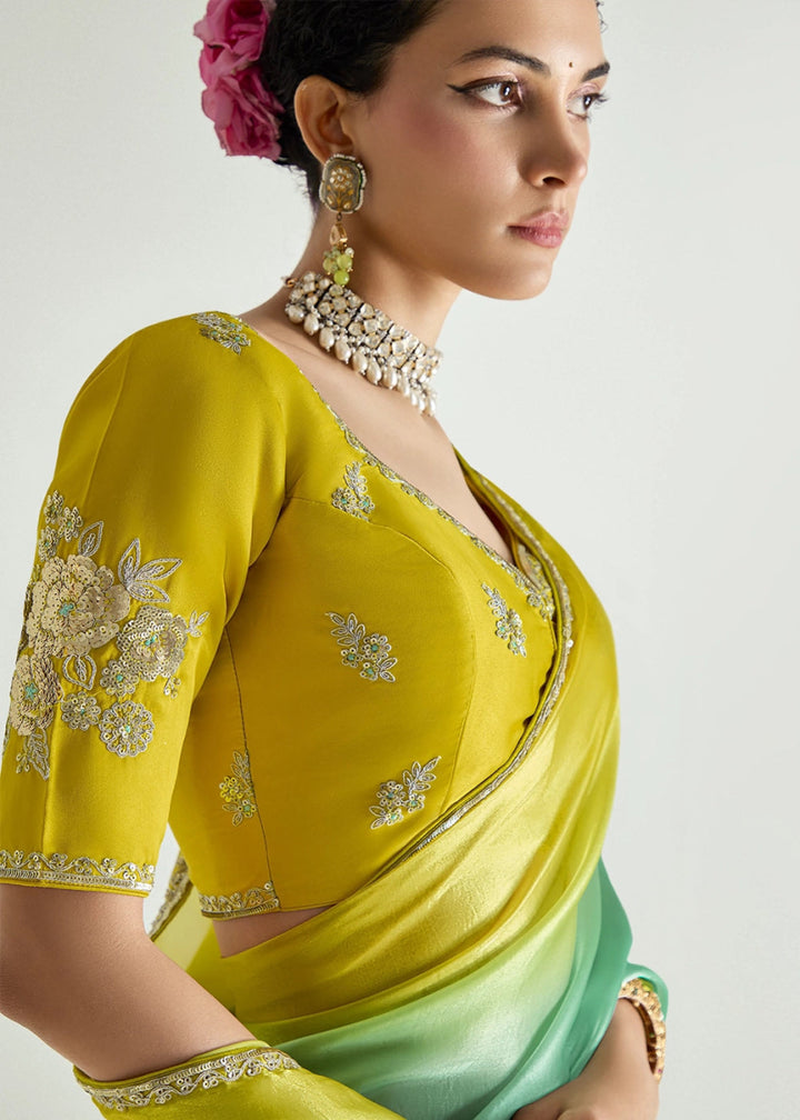Dual Shade Green & Yellow Organza Tissue Saree Paired with Embroidered Blouse - House of Sarvati LLC