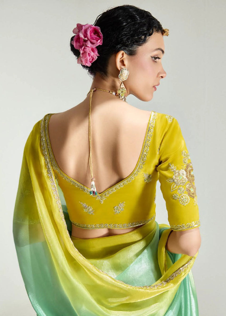 Dual Shade Green & Yellow Organza Tissue Saree Paired with Embroidered Blouse - House of Sarvati LLC