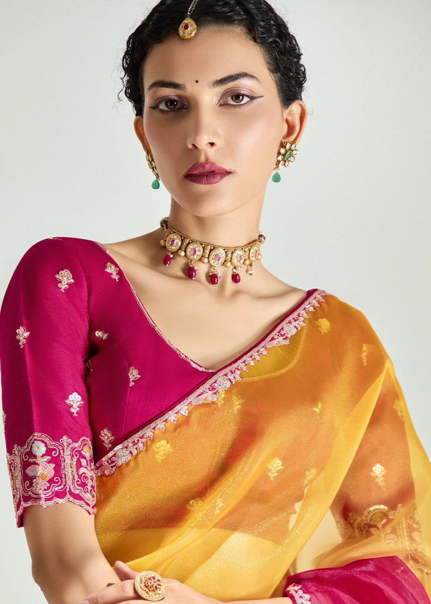 Dual Shade Pink & Yellow Organza Tissue Saree Paired with Embroidered Blouse - House of Sarvati LLC