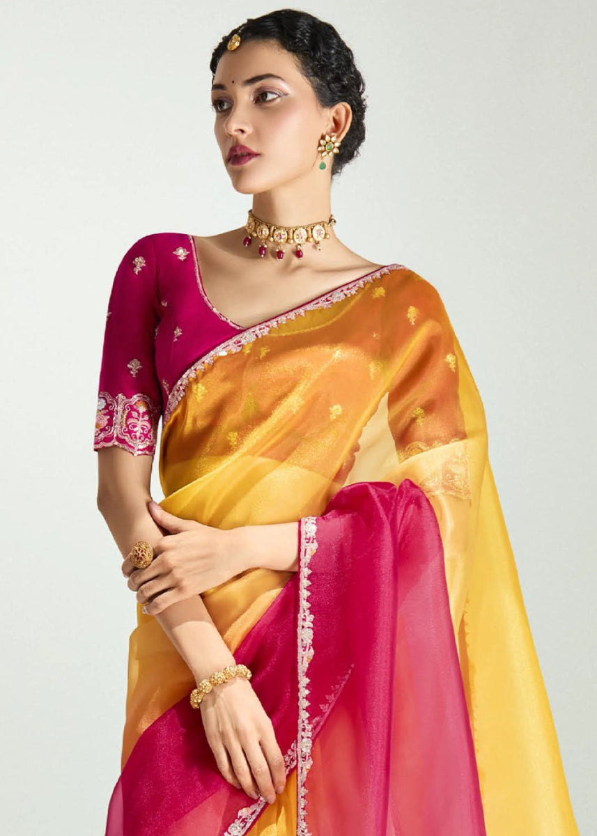 Dual Shade Pink & Yellow Organza Tissue Saree Paired with Embroidered Blouse - House of Sarvati LLC