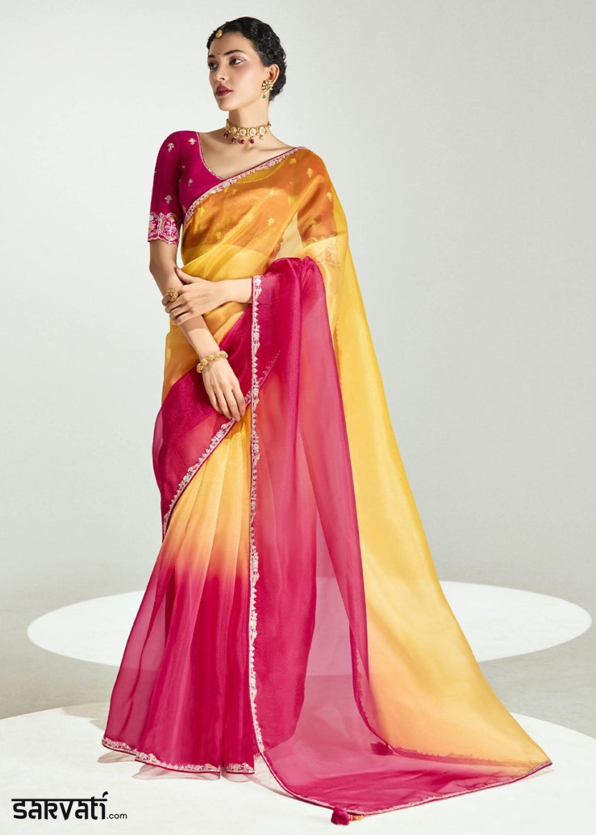 Dual Shade Pink & Yellow Organza Tissue Saree Paired with Embroidered Blouse - House of Sarvati LLC