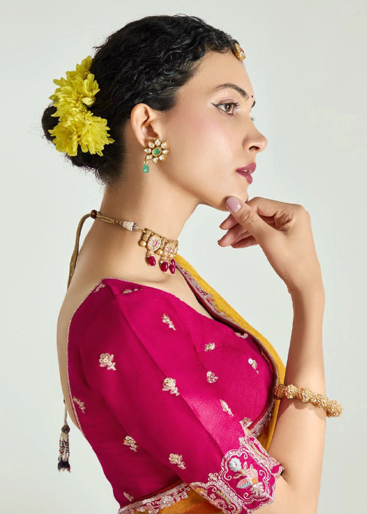 Dual Shade Pink & Yellow Organza Tissue Saree Paired with Embroidered Blouse - House of Sarvati LLC
