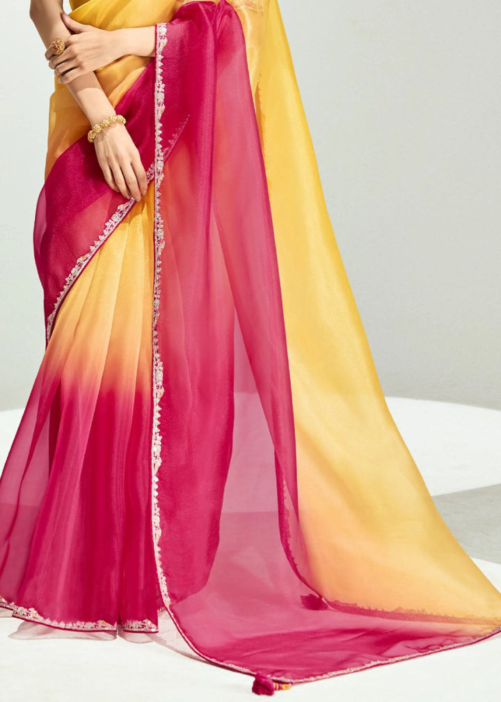 Dual Shade Pink & Yellow Organza Tissue Saree Paired with Embroidered Blouse - House of Sarvati LLC