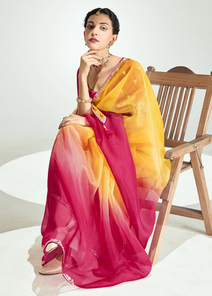 Dual Shade Pink & Yellow Organza Tissue Saree Paired with Embroidered Blouse - House of Sarvati LLC