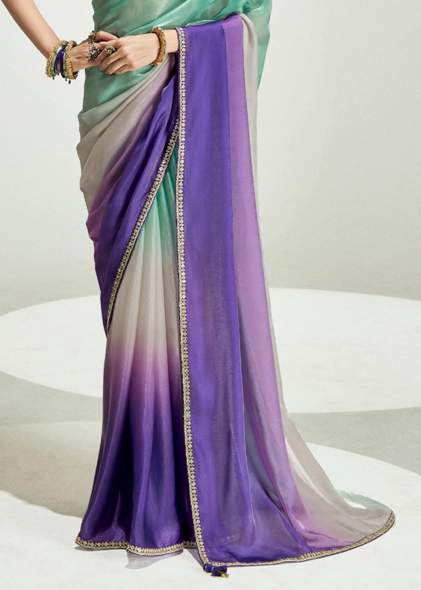 Dual Shade Purple & Blue Organza Tissue Saree Paired with Embroidered Blouse - House of Sarvati LLC