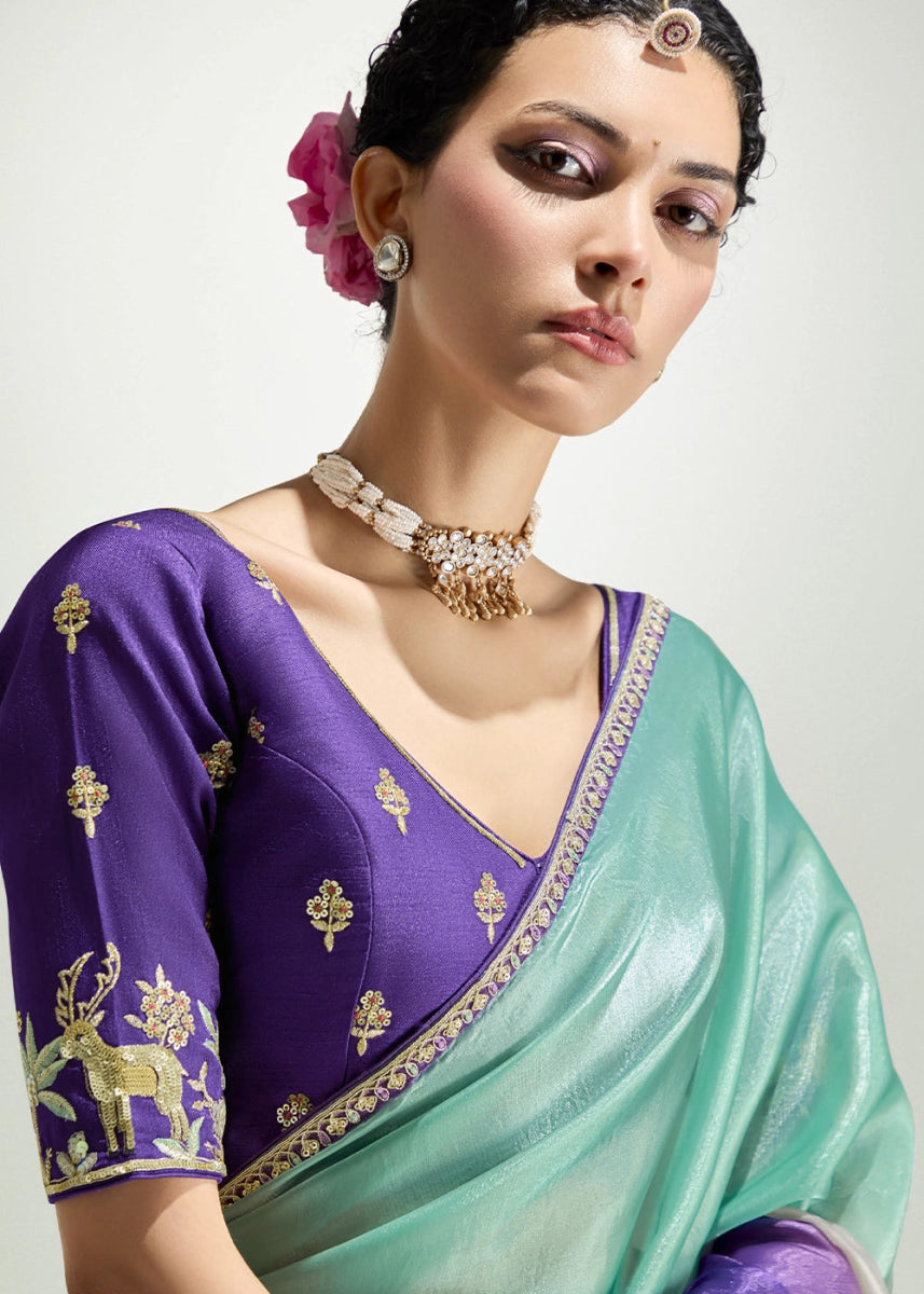 Dual Shade Purple & Blue Organza Tissue Saree Paired with Embroidered Blouse - House of Sarvati LLC