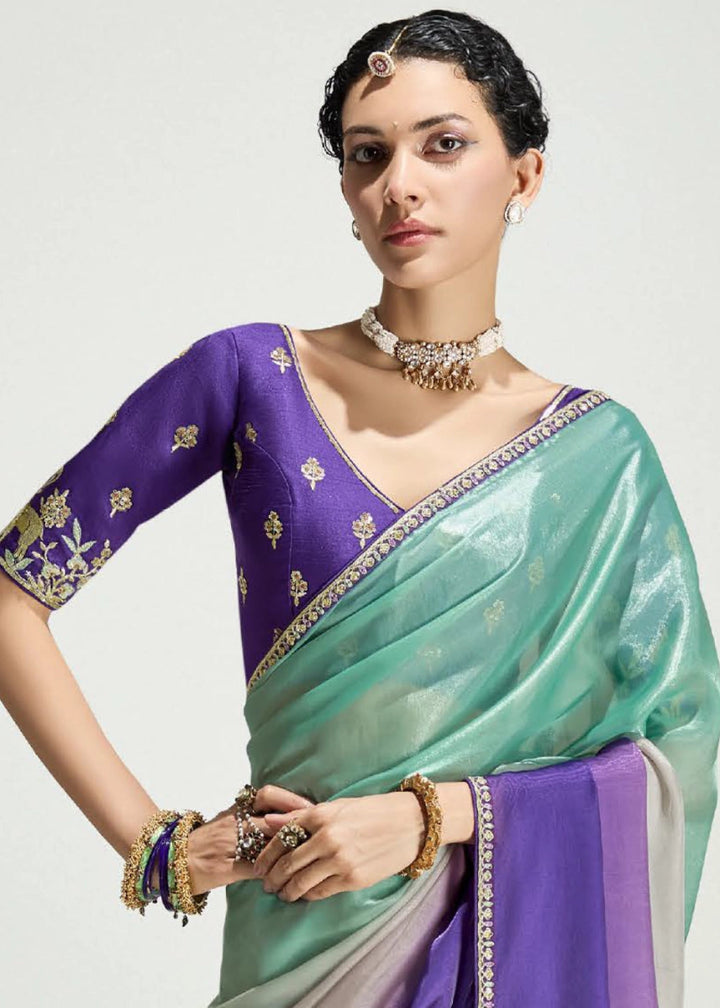 Dual Shade Purple & Blue Organza Tissue Saree Paired with Embroidered Blouse - House of Sarvati LLC