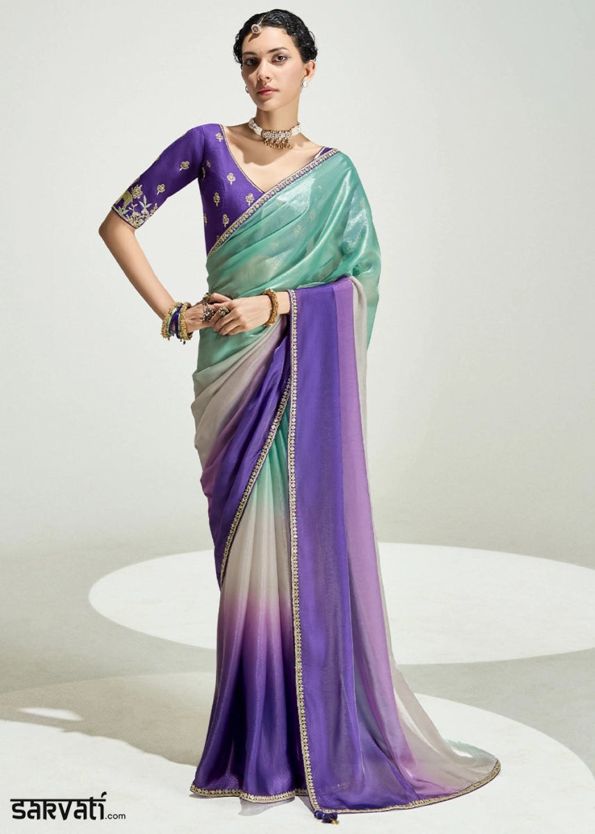 Dual Shade Purple & Blue Organza Tissue Saree Paired with Embroidered Blouse - House of Sarvati LLC
