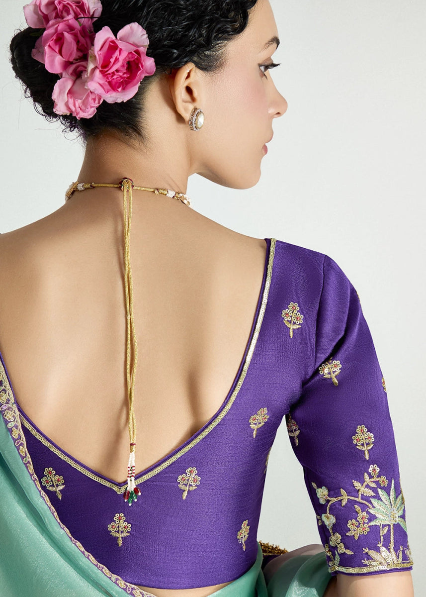 Dual Shade Purple & Blue Organza Tissue Saree Paired with Embroidered Blouse - House of Sarvati LLC