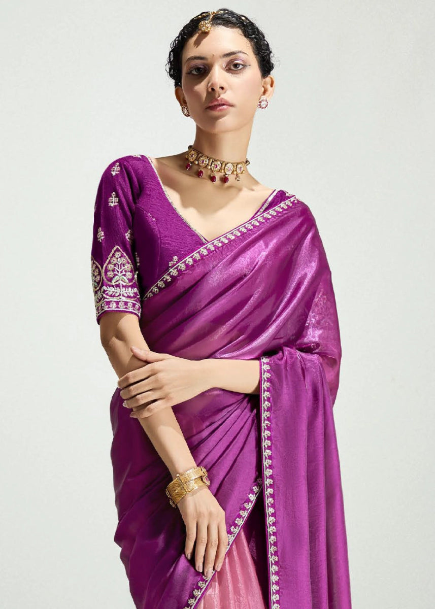 Dual Shade Purple & Pink Organza Tissue Saree Paired with Embroidered Blouse - House of Sarvati LLC