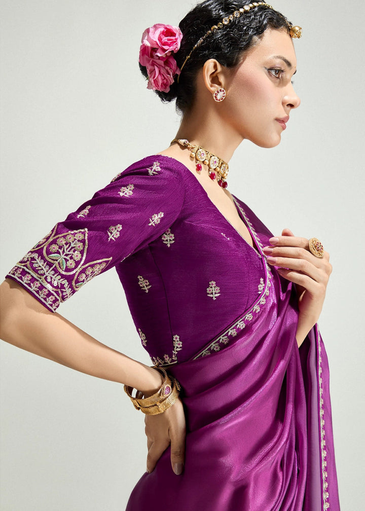 Dual Shade Purple & Pink Organza Tissue Saree Paired with Embroidered Blouse - House of Sarvati LLC