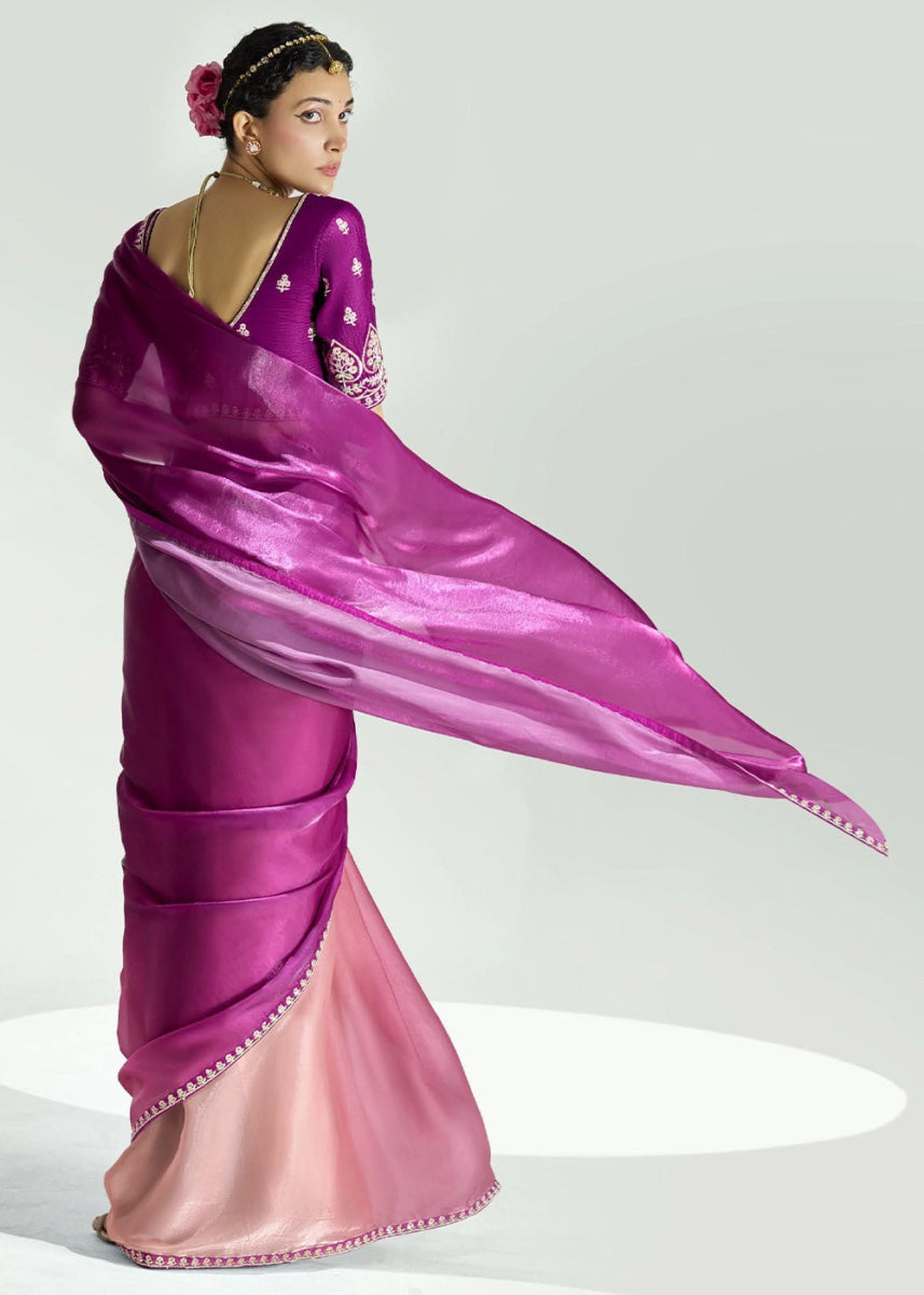 Dual Shade Purple & Pink Organza Tissue Saree Paired with Embroidered Blouse - House of Sarvati LLC