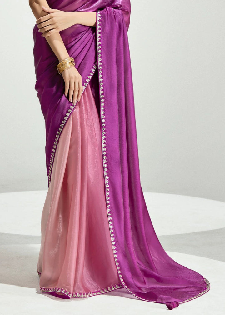 Dual Shade Purple & Pink Organza Tissue Saree Paired with Embroidered Blouse - House of Sarvati LLC