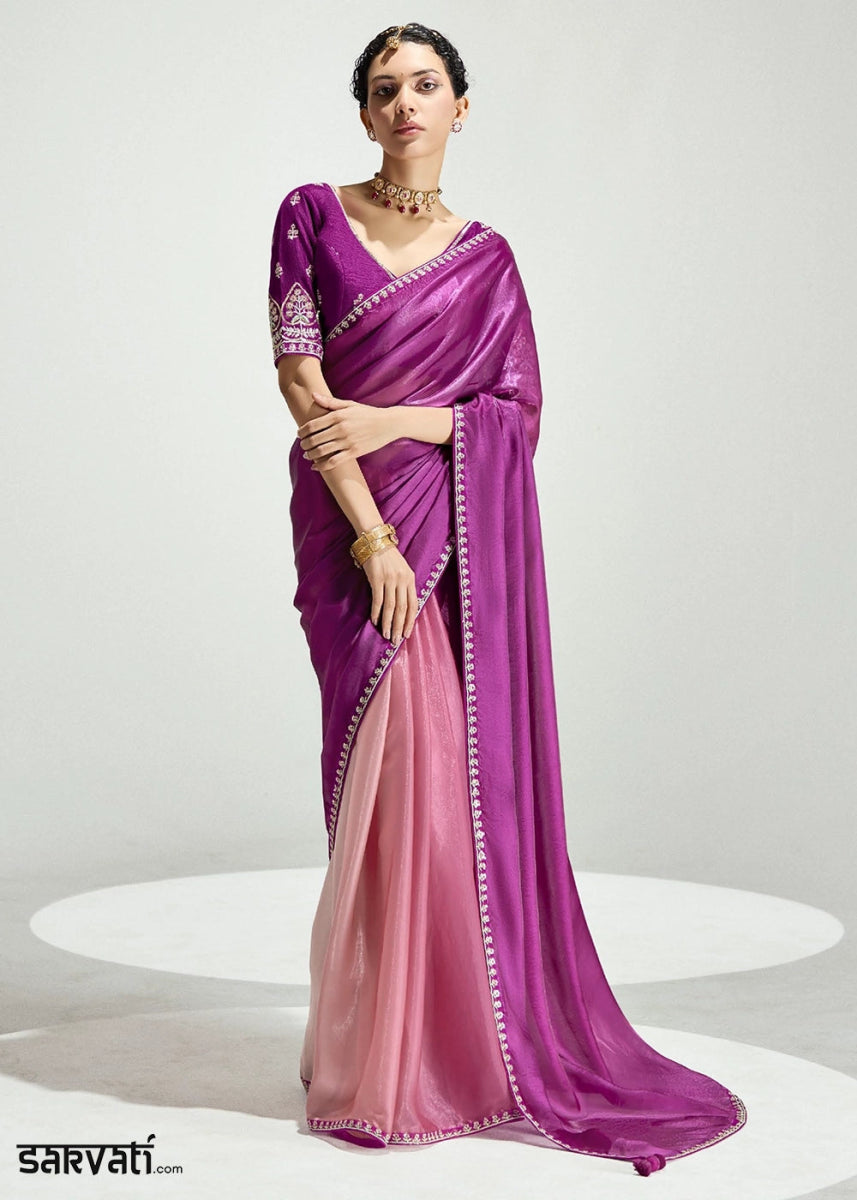 Dual Shade Purple & Pink Organza Tissue Saree Paired with Embroidered Blouse - House of Sarvati LLC