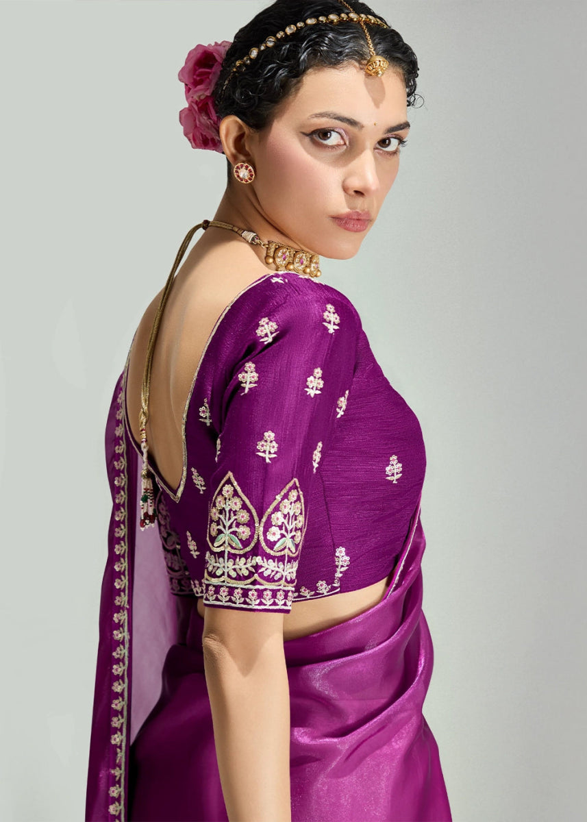 Dual Shade Purple & Pink Organza Tissue Saree Paired with Embroidered Blouse - House of Sarvati LLC