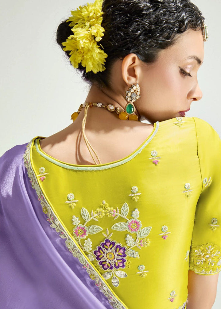 Dual Shade Purple & Yellow Organza Tissue Saree Paired with Embroidered Blouse - House of Sarvati LLC